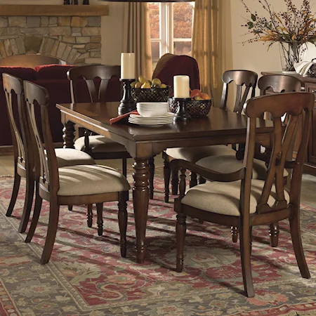Seven-Piece Rectangular Leg Dining Table with Two 18" Leaves & Pierced Back Arm & Side Chairs with Fabric-Upholstered Seats